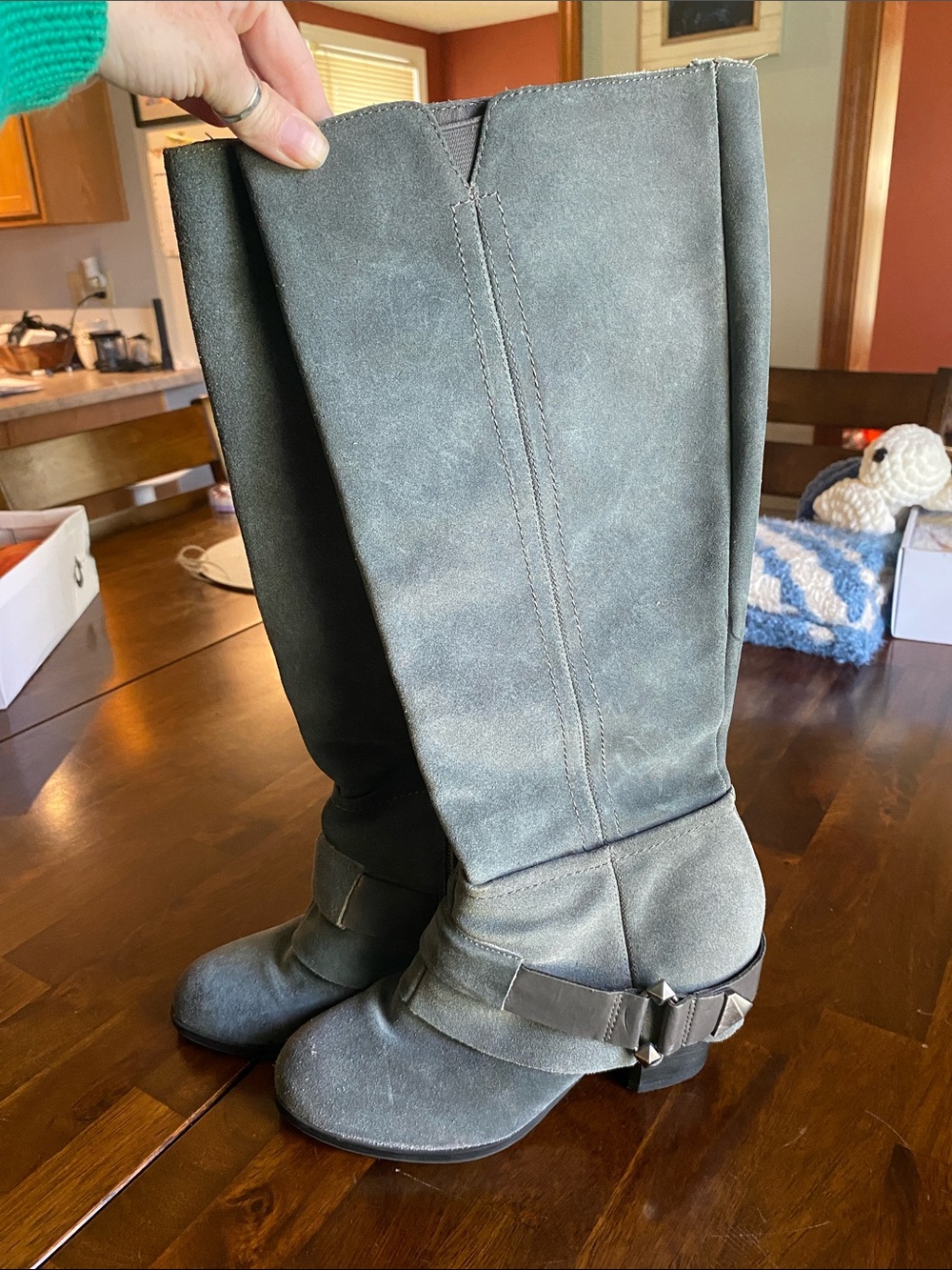 Fergie Tall Gray Moto Boots with Buckle Detail